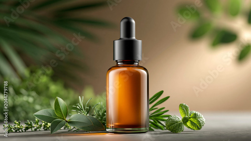 Luxury Aromatherapy Concept, Elegant Amber Glass Essential Oil Bottles Surrounded by Fresh Botanical Herbs, Warm Natural Sunlight, Calming Atmosphere

