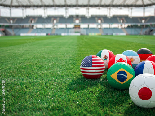 Bild auf Leinwand Soccer balls with flags of different countries on a green field in a stadium