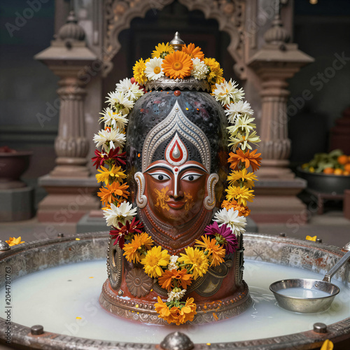 Shiva Lingam Decorated with Flowers and Milk in a Sacred Temple Sanctum