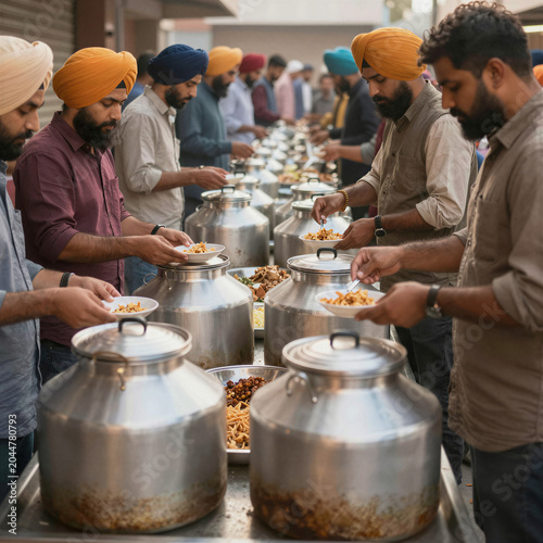Community Kitchen Serving Food in a Sikh Langar with Large Metal Pots and People Queuing