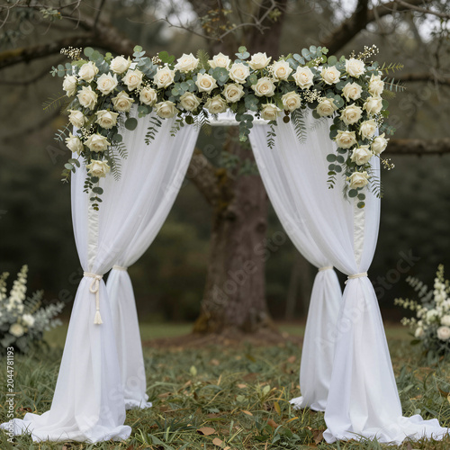 Elegant wedding chuppah adorned with white roses, eucalyptus, and flowing white curtains in a garden setting