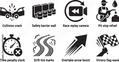 Photos Racing icons, motorsport symbols, speedway illustrations, car crash graphics