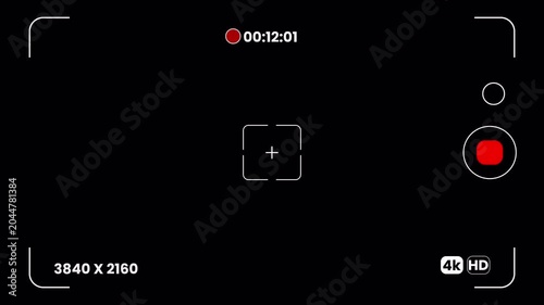 Digital camera recording screen overlay with viewfinder and timer, professional smartphone camcorder HUD on transparent background 4k video