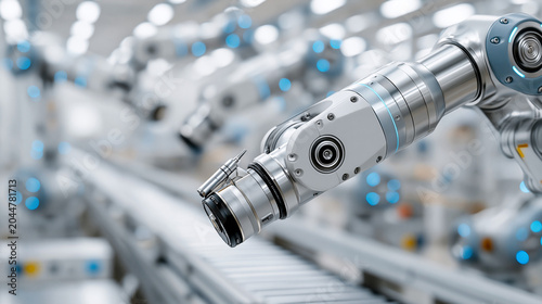 Modern Industrial Automation Concept, Advanced Robotic Arms Operating in Factory Environment, Precise Manufacturing Technology, Clean Organized Production Atmosphere

