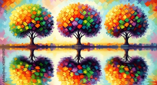Vibrant autumn fall trees reflection colorful mosaic landscape for seasonal decor and artistic prints