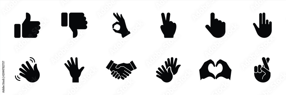 Fototapeta premium Hand Gesture Icon Set – Thumbs Up Handshake and Human Communication Symbols Collection