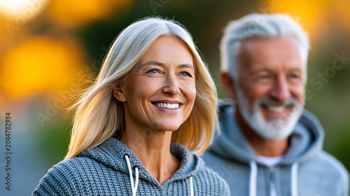Cheerful Senior Couple Walking Together Outdoors in Sunny Park, Healthy Active Lifestyle, Retirement Planning and Healthcare Marketing Image

