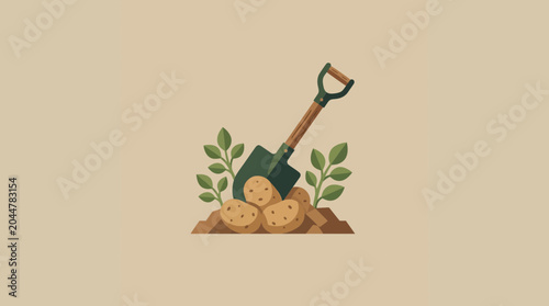 Foto Fresh Potatoes Harvested with Garden Spade Illustration
