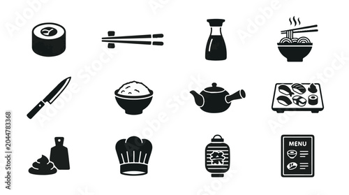 Essential Black and White Vector Icons for Japanese Cuisine Food, Dining, and Kitchen Elements Collection