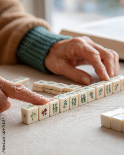 Close-up elderly hands aligning mahjong tiles during a lesson for game tutorial and tabletop background banner showing traditional mahjong play