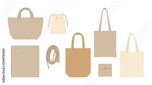 Collection of Neutral Canvas Tote Bags and Pouches Mockup.