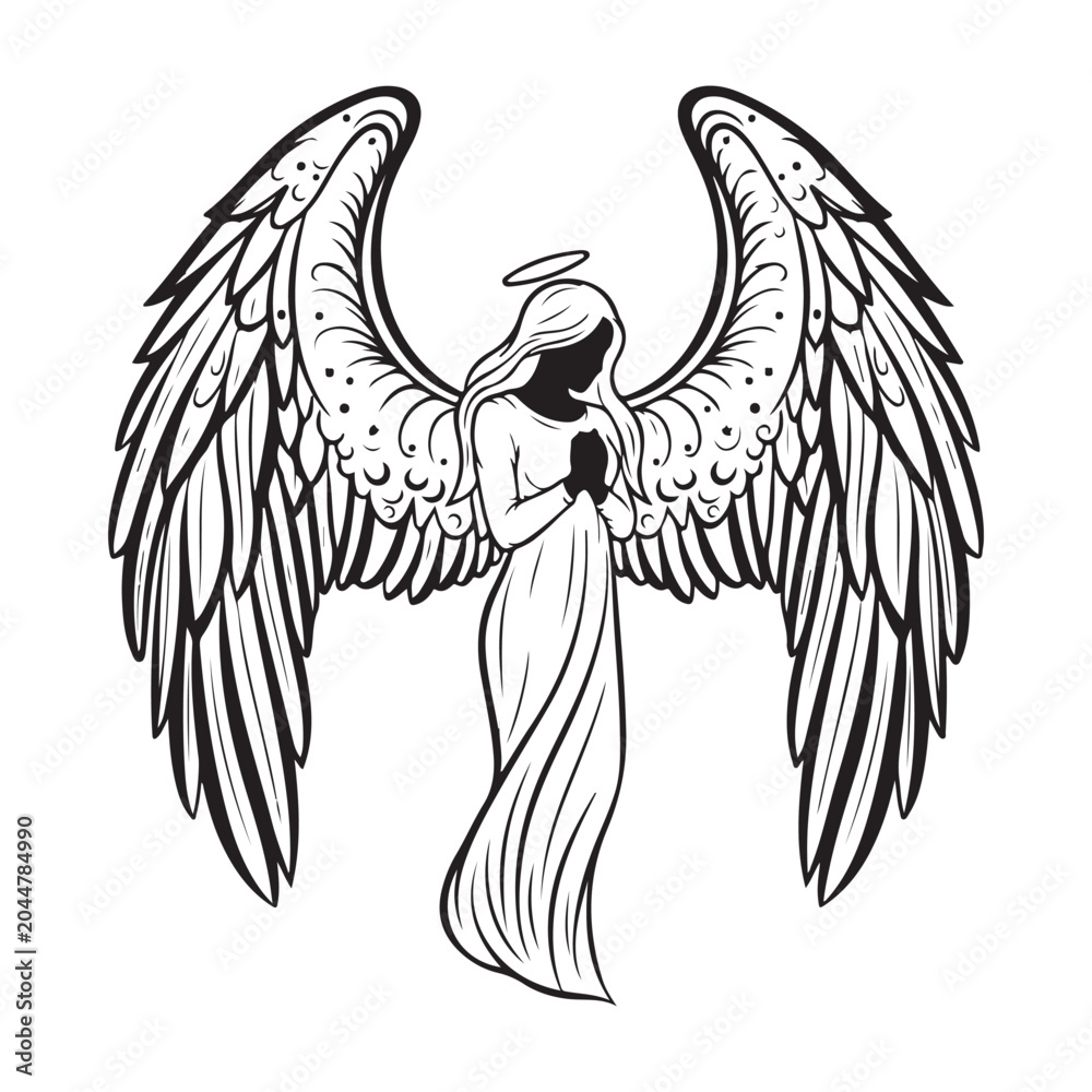 Naklejka premium Praying angel with large feathered wings and halo black and white line art vector illustration