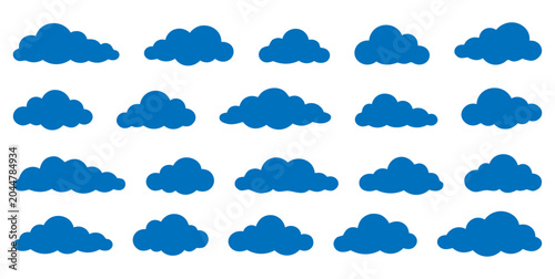 Blue cartoon clouds on white background, multiple puffy cloud shapes, digital illustration, simple design, white space, flat style, vector graphics, cloud icons, blue color, graphic design element,