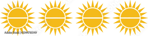 Foto Yellow sun icons row with sharp rays and a horizontal dividing white line throug