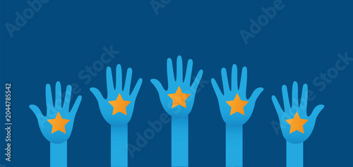 Customer satisfaction and excellent service rating concept. Multiple hands raised, each holding a bright star