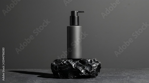 Hand soap dispenser with black volcanic salt on dark textured surface minimalist still life