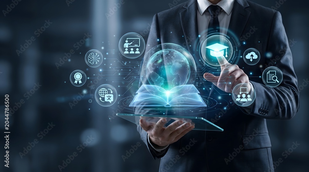 Fototapeta premium Global edtech concept with businessman holding transparent tablet displaying virtual earth and online education icons