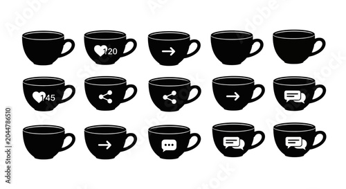 Social media engagement metrics icons on coffee cup silhouettes including likes shares comments and direct message notifications for community management design