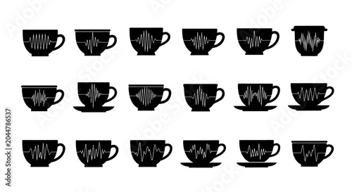Heartbeat and pulse wave monitor icons integrated with coffee cup silhouettes symbolizing energy boost caffeine effect health tracking and vital signs monitoring