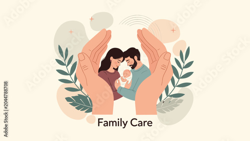 Large protective hands cupped around a mother, father, and their newborn baby to represent family care, safety, and health insurance.