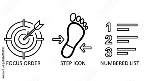 Set of planning and organization icons including focus order target step footprint icon and numbered list footprint numbered planning organization business strategy workflow management