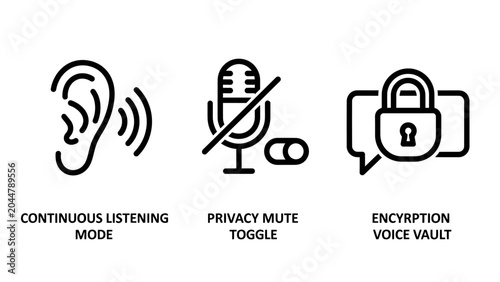 Privacy and security icons set featuring continuous listening mute toggle and voice vault encryption security listening encryption protection cybersecurity confidentiality microphone settings