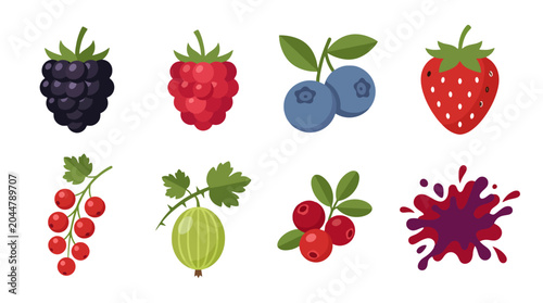 Set of colorful hand drawn berry illustrations including strawberry blueberry and raspberry.