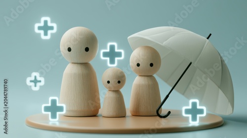 Three wooden figures under a white umbrella with plus signs floating around, symbolizing protection, health, and safety.