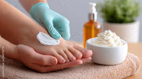 Therapist applying moisturizing cream to client's feet on a towel with jar and plant in background for spa pedicure treatment background and wellness banner design