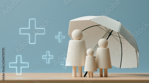 Wooden figures representing a family stand protected under a large umbrella with plus signs symbolizing health or protection in the background.
