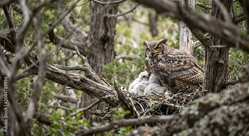 Photos Great horned owl mother protecting her fluffy owlets in a nest high in a juniper