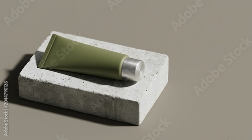 Close-up of green soap bar on minimalist concrete block in soft light