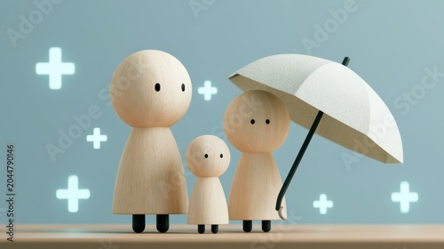 Wooden figurines representing a family stand together under a white umbrella with plus signs in the background, symbolizing protection and care.