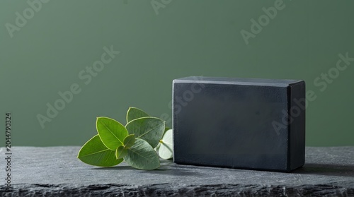 Fresh mint leaves with dark gray rectangular stone on concrete surface in soft natural light