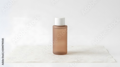 Empty amber glass bottle with white cap on plain white background minimal product photography