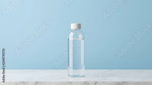 Empty transparent plastic bottle on minimalist light blue background with soft shadow