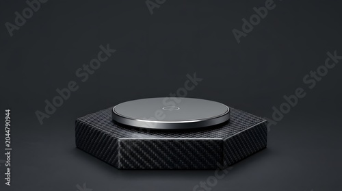 Minimalist black leather textured cube on reflective dark surface with soft lighting