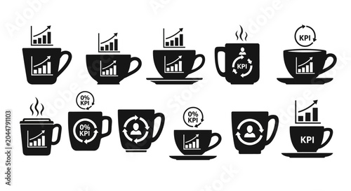 Business kpi and growth icons in coffee cups showing progress and analytics for startup and finance concepts