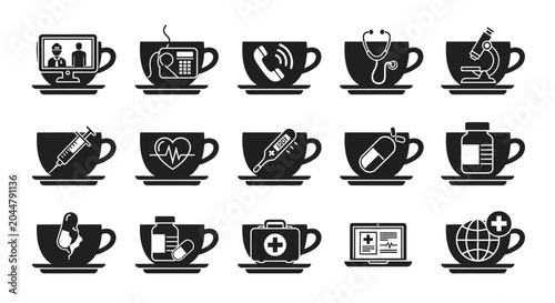 Medical healthcare icons in coffee cups including syringe heartbeat and thermometer for health and wellness