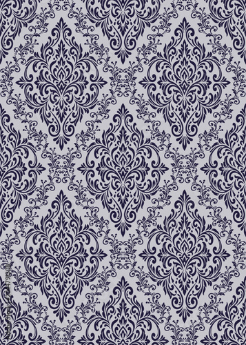 Gothic navy purple damask seamless pattern background, elegant vintage navy purple damask vector illustration for luxury fabric textile design.