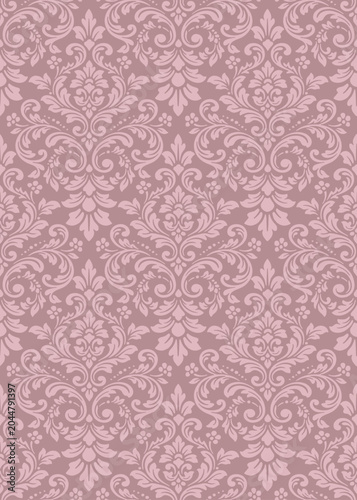 Elegant pink damask seamless pattern on mauve background, luxury classic pink damask vector illustration for romantic wedding invitation wrapping paper.