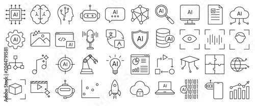 Artificial Intelligence icon set. Including prompt,data,generate, AI, brain, digital, machine learning, assistant, robot. AI icons set. 40 Line art vector icons set.