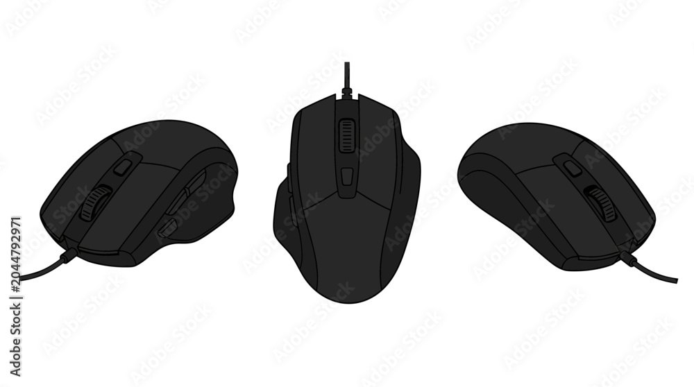 Obraz premium Isometric black computer mouse isolated on white background viewed from three different perspective angles.