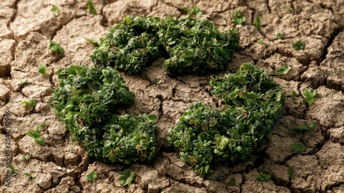 Dry cracked earth with green moss or plants forming a recycling symbol, representing environmental conservation and sustainability.
