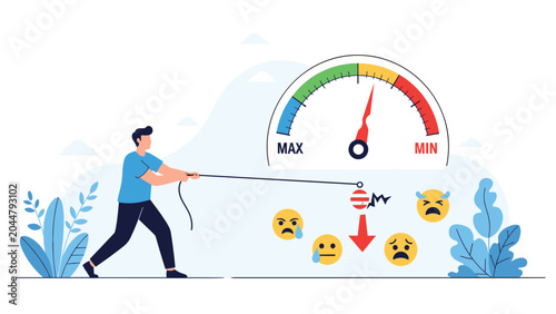 Concept of emotional regulation showing a man pulling a rope to move a dial from minimum to maximum happiness levels.