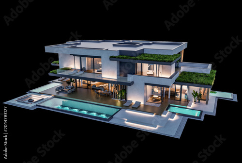 3d rendering of two-story house with parking and pool for sale or rent with concrete facade and beautiful landscaping on background. Clear night isolated on black