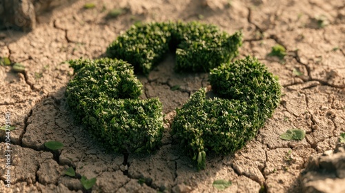 A green recycling symbol made of plants sits on dry, cracked earth, symbolizing environmental sustainability and the need for eco-friendly practices.