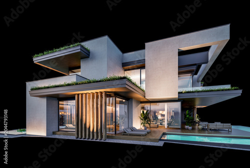 3d rendering of two-story house with parking and pool for sale or rent with concrete facade and beautiful landscaping on background. Clear night isolated on black