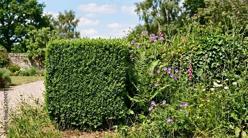 Manicured green boxwood hedge in lush english garden with colorful flowers and gravel path.