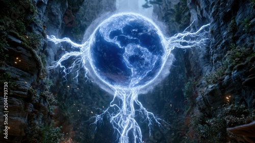 A glowing blue Earth surrounded by electric lightning bolts floats suspended between rocky cliffs in a dark, mystical environment.